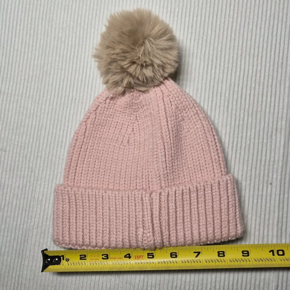 Steve Madden Women's Wide‎ Cuff Blush Pink Faux Fur Pom Beanie Hat One Size